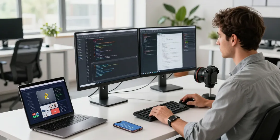 Focused workspace scene showing a developer working on 纸飞机下载 in a bright tech office.