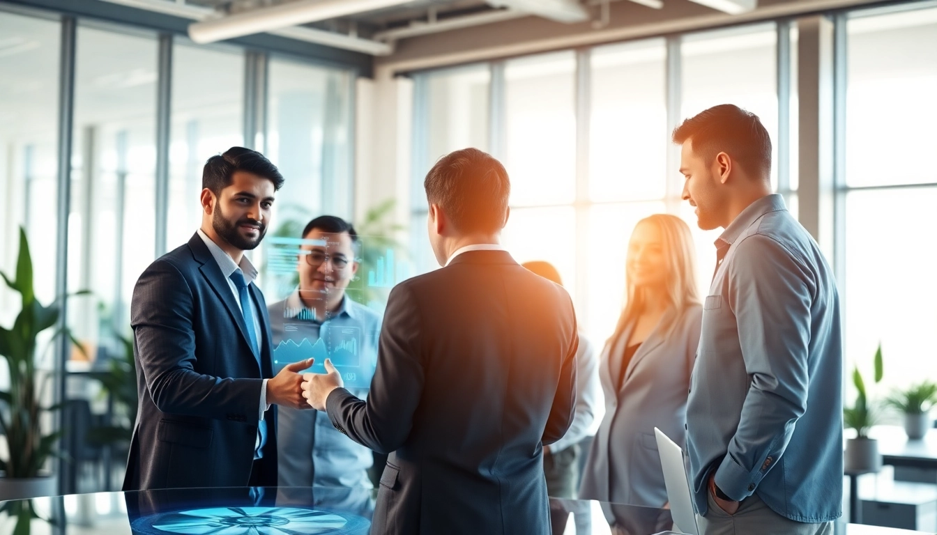 Engaging team collaboration around an enterprise search engine interface in a modern office.