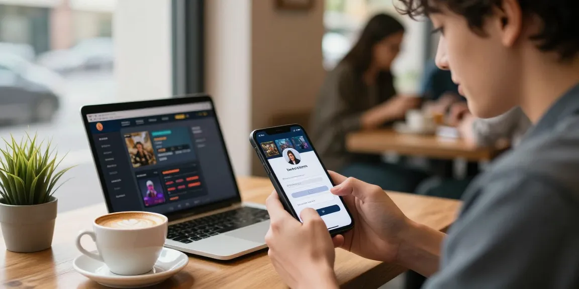 Engaging user focused on rokok88 login on smartphone in a cozy coffee shop.