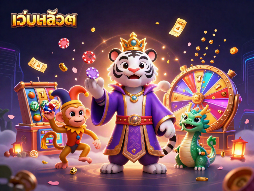 Engage with เว็บสล็อต through an energetic scene featuring a royal tiger, jester monkey, and a jade dragon amid casino elements.
