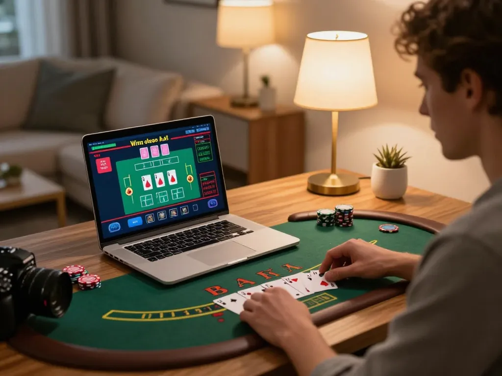 Engaging in live dealer blackjack at home on PG88, showcasing strategic gameplay and modern gaming setup.