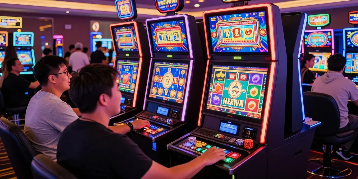 Exciting scene of players engaging with a pragmatic slot machine in a vibrant casino.