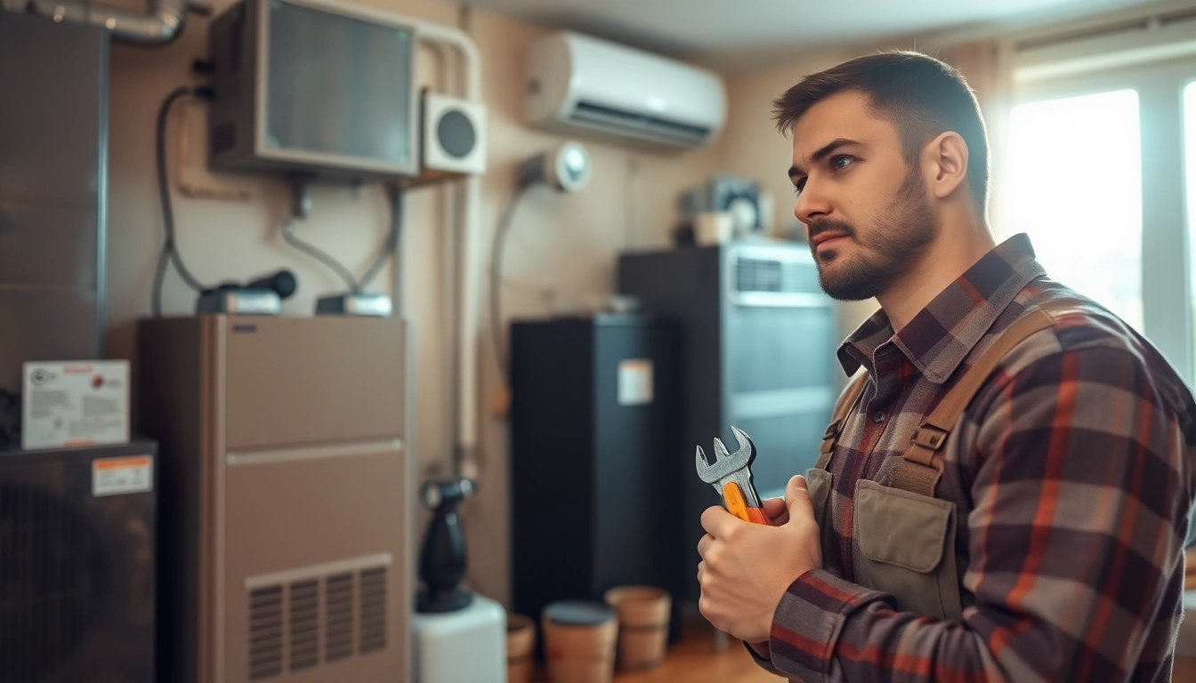 Technician presenting residential heating and cooling solutions in a home environment.