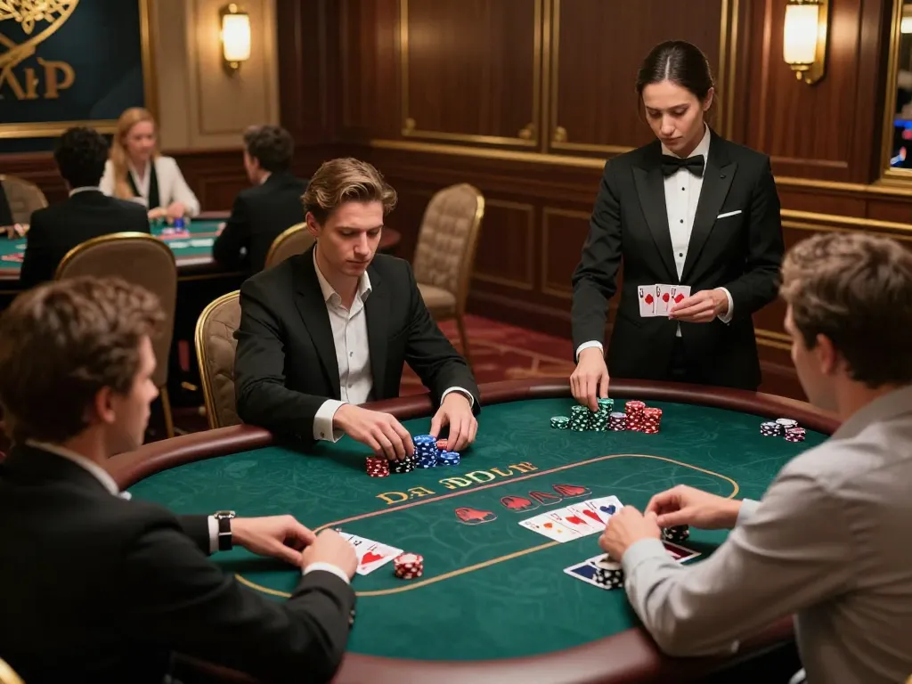 Experience high-stakes poker at 388bet's exclusive VIP table, tension mounts as players strategize bets.