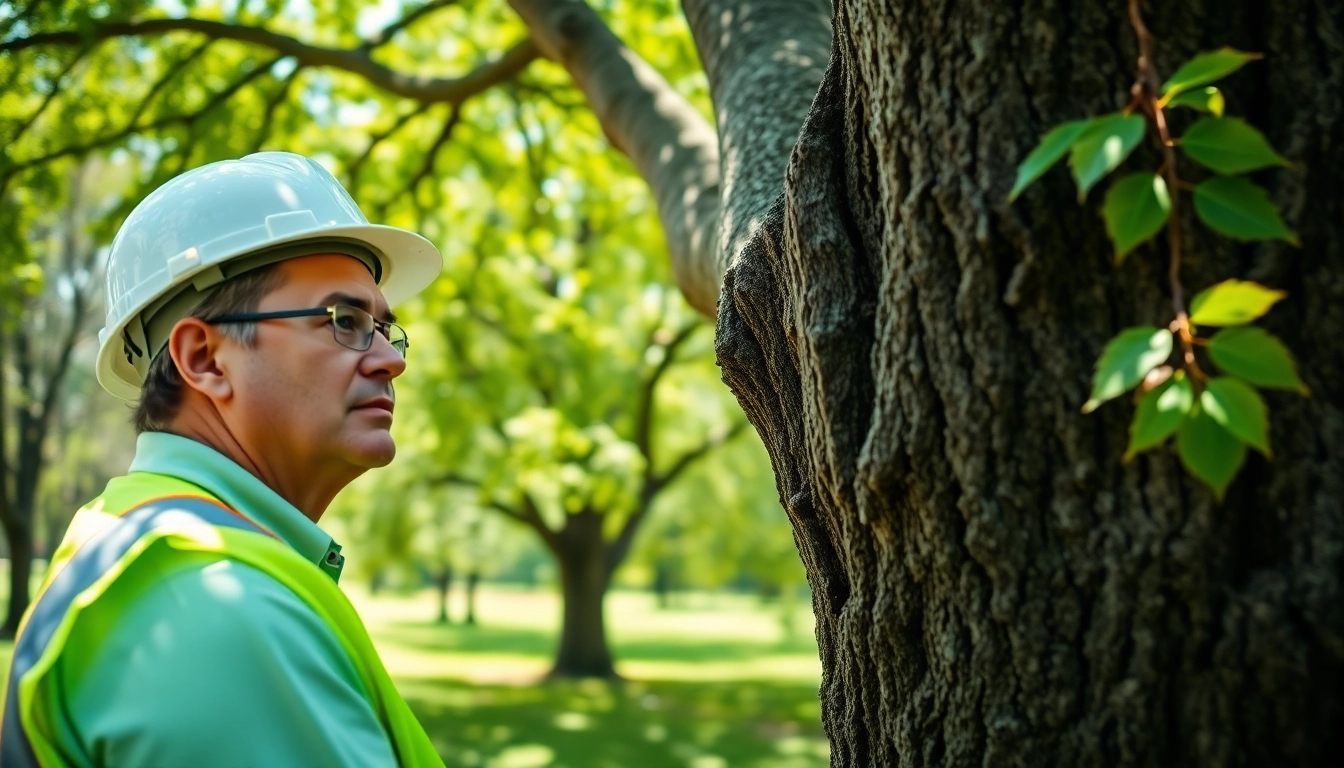 Tree Consultancy expert evaluates a robust oak tree, showcasing professionalism and environmental care.