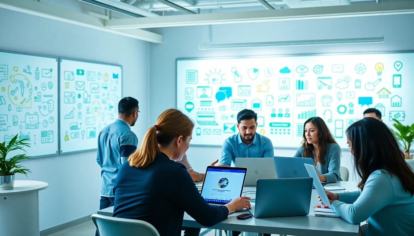 Team collaboration at a social media agency in a vibrant office setting.