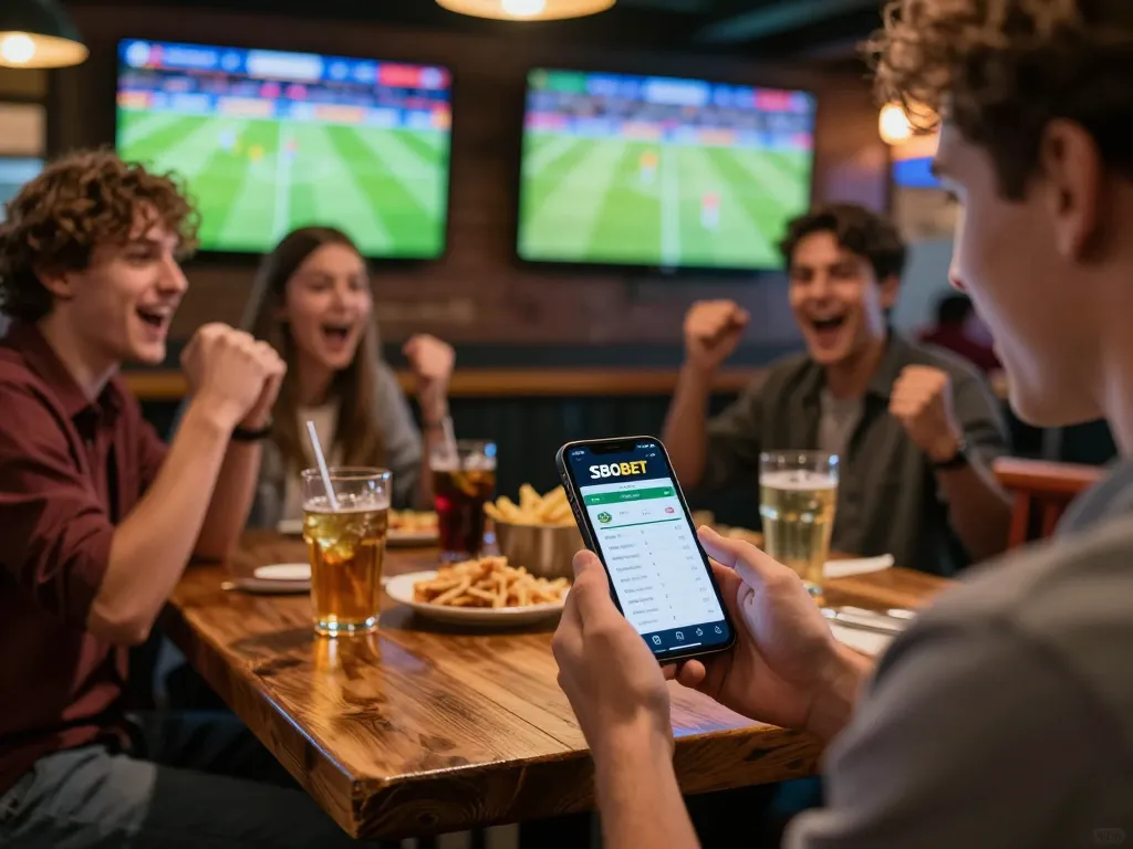SBOBET user actively placing bets on a mobile app during an exciting sports match at a bar.