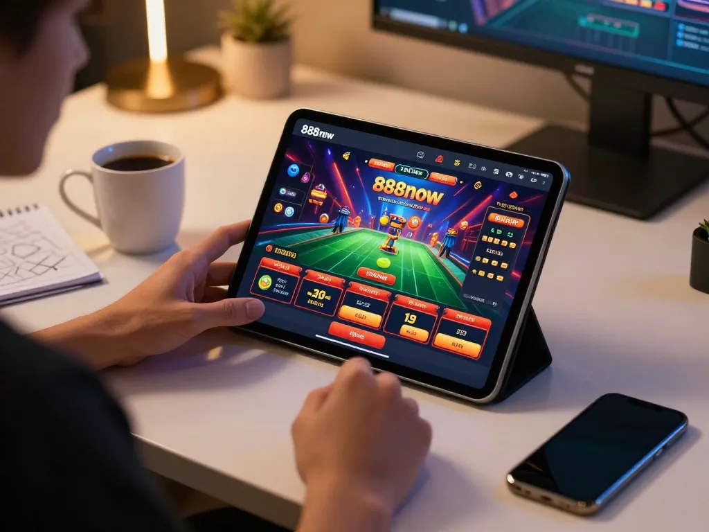 Engaged player using tablet for 888now đăng nhập, showcasing vibrant casino app on screen.