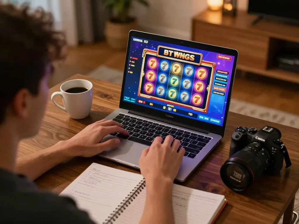 Engaged player spinning reels on slot77 online interface from cozy home setup.