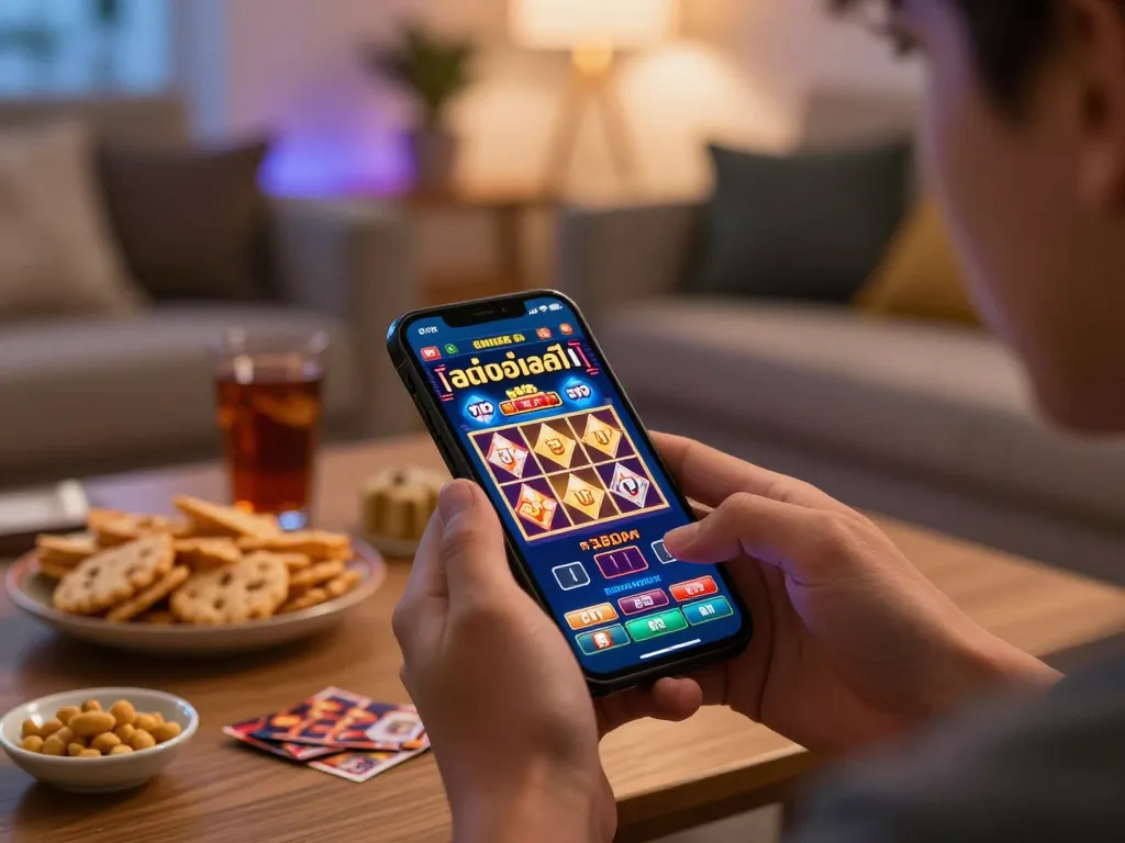 Playing สล็อตวอเลท on a smartphone at home, enjoying a cozy gaming atmosphere with snacks.