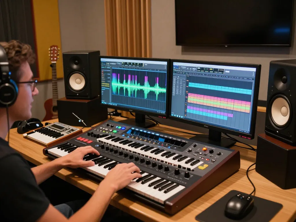 SC88 audio production studio with bright monitors and vibrant sound visuals.