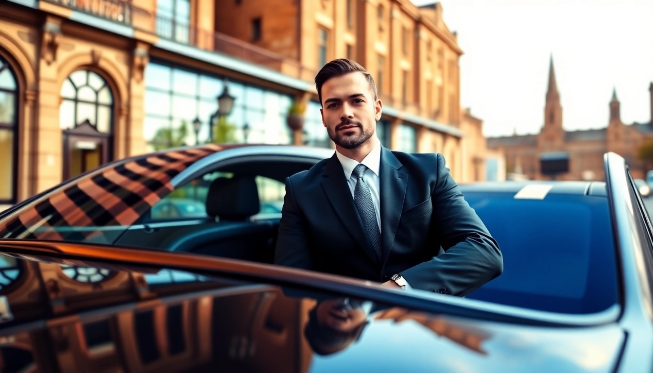 Experience luxurious Chauffeur Services Nottingham with a professional chauffeur in a sleek vehicle on city streets.