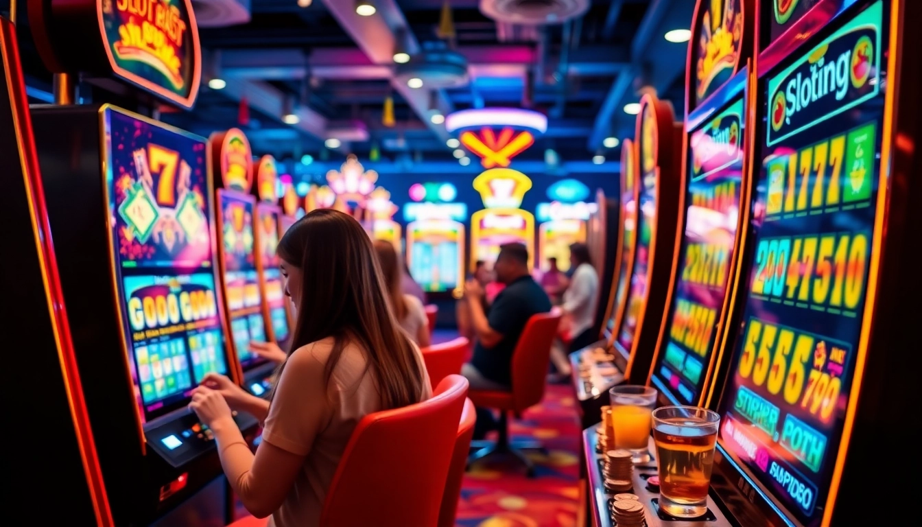 Main player enjoying the experience of slot88 with colorful slot machines around.