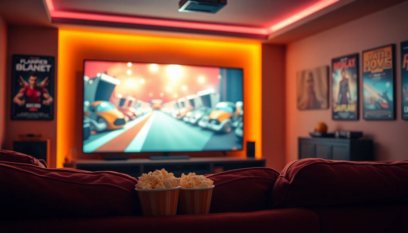 Enjoying ดูหนังออนไลน์ in a cozy home theater with popcorn and a big screen.