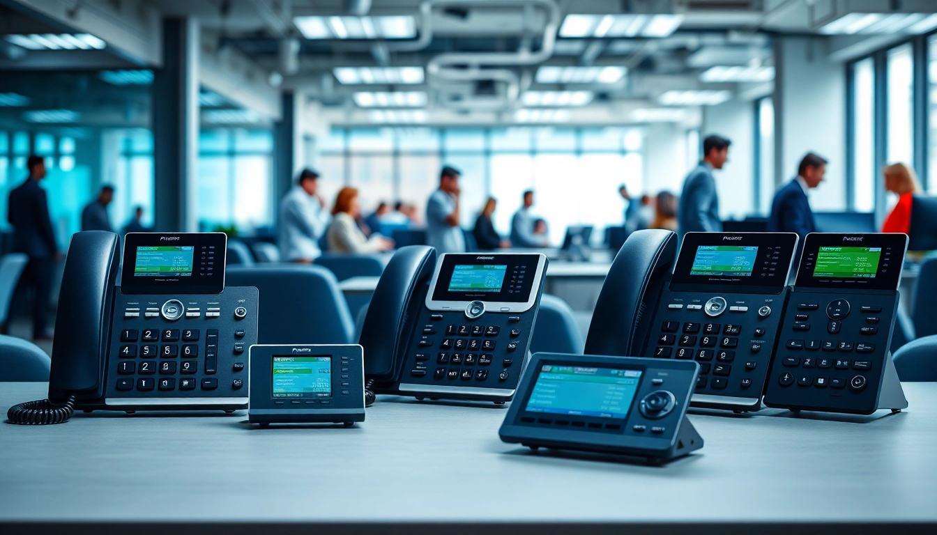 Explore office phone systems in a vibrant office setting with sleek multi-line devices prominently featured.