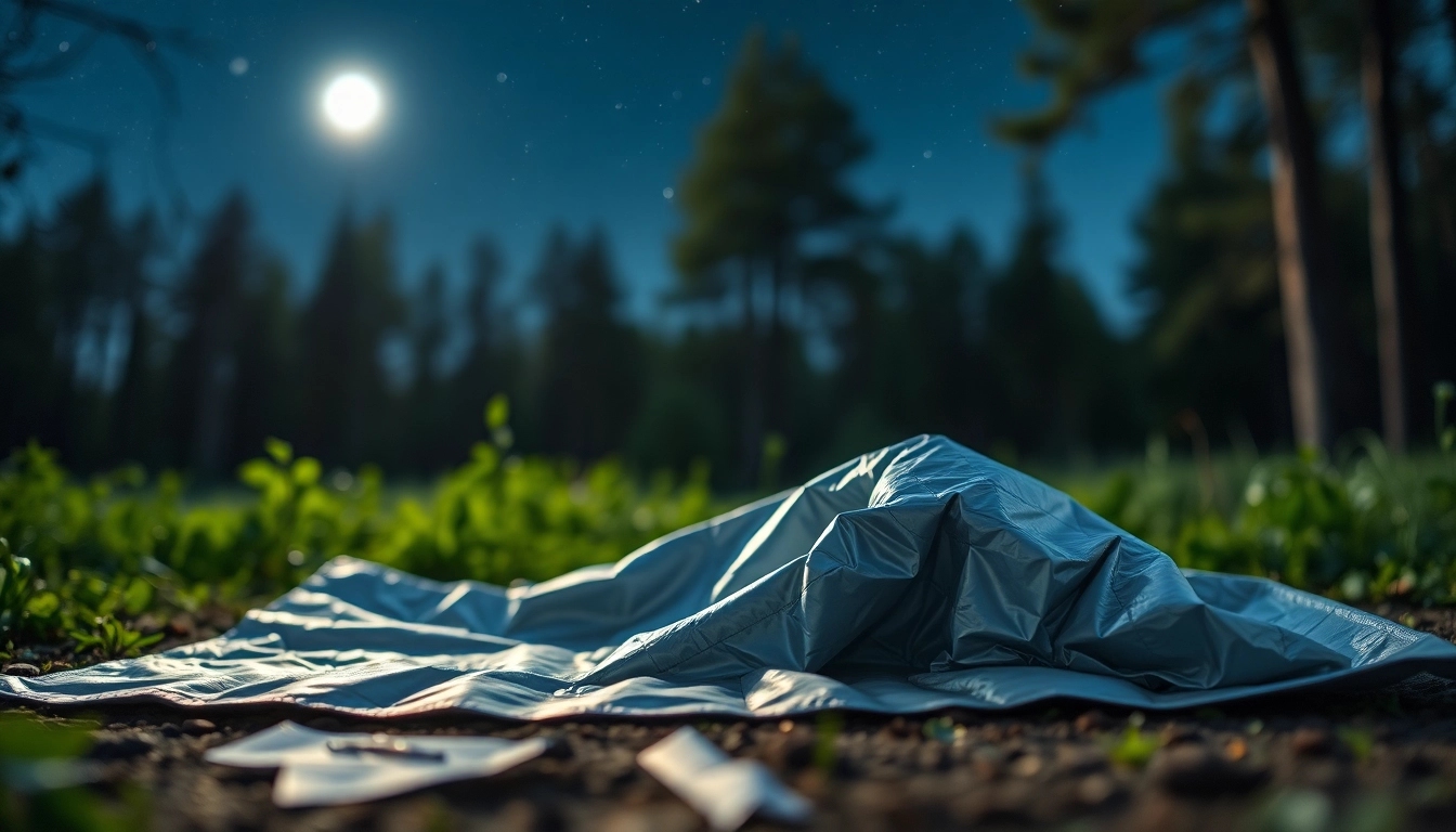 Use an emergency blanket under the open sky to stay warm in outdoor adventures.