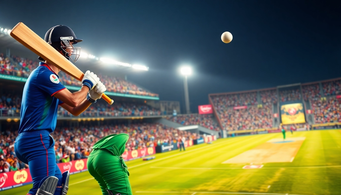 Visualize an IPL win prediction scenario featuring players, lighting up the energetic stadium.