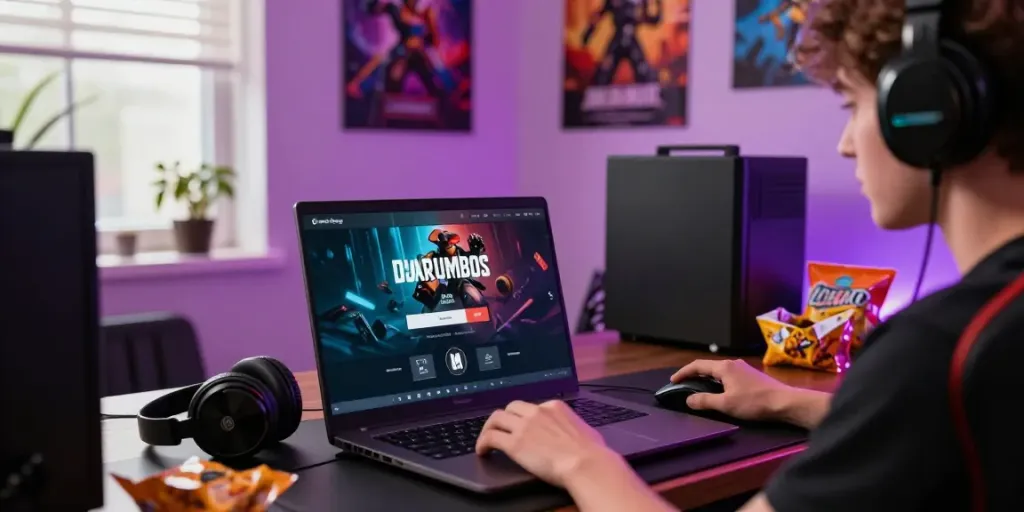 Djarumbos login interface on a modern gaming laptop surrounded by vibrant gaming accessories enhancing online experience.