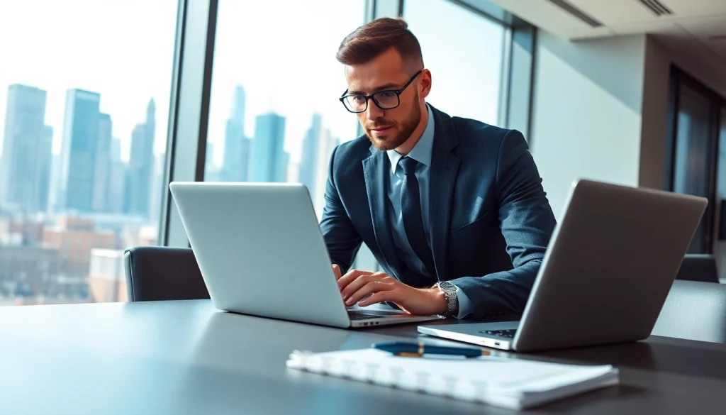 79king business professional engaged in focused work at a modern office.