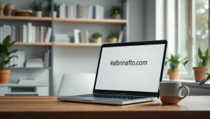 Engaging workspace featuring a laptop showing https://albmaftoh.com, promoting inspiration and productivity.