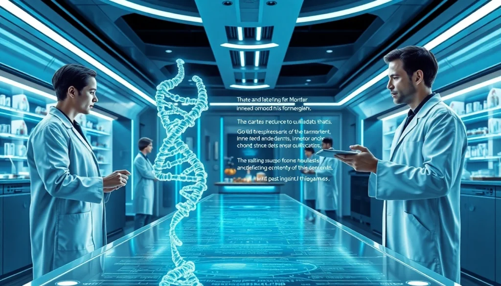 Scientists in a futuristic lab visualizing projects like www.trilgameshproject.com for immortality research.