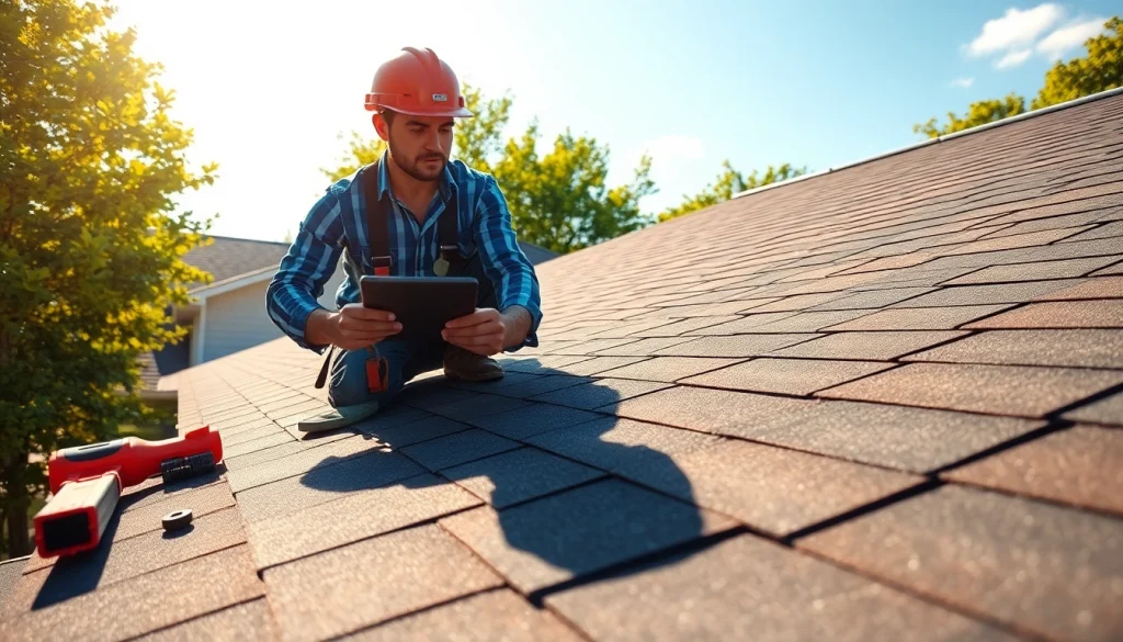 High-quality roofing solutions showcased by a professional inspecting a residential roof.