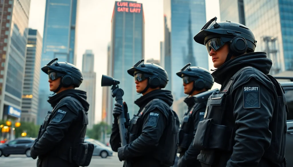 Security Company personnel monitoring city surveillance technology in a bustling urban environment.