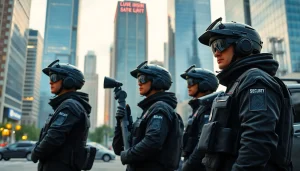 Security Company personnel monitoring city surveillance technology in a bustling urban environment.