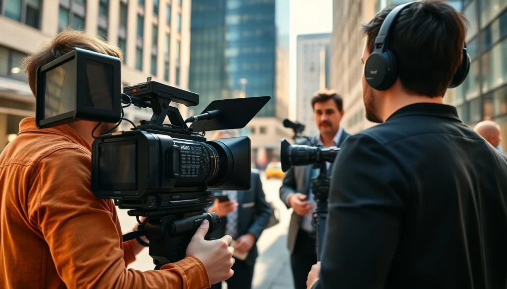Engaging video production scene showcasing a professional crew at work in an urban environment.
