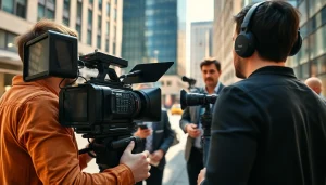 Engaging video production scene showcasing a professional crew at work in an urban environment.