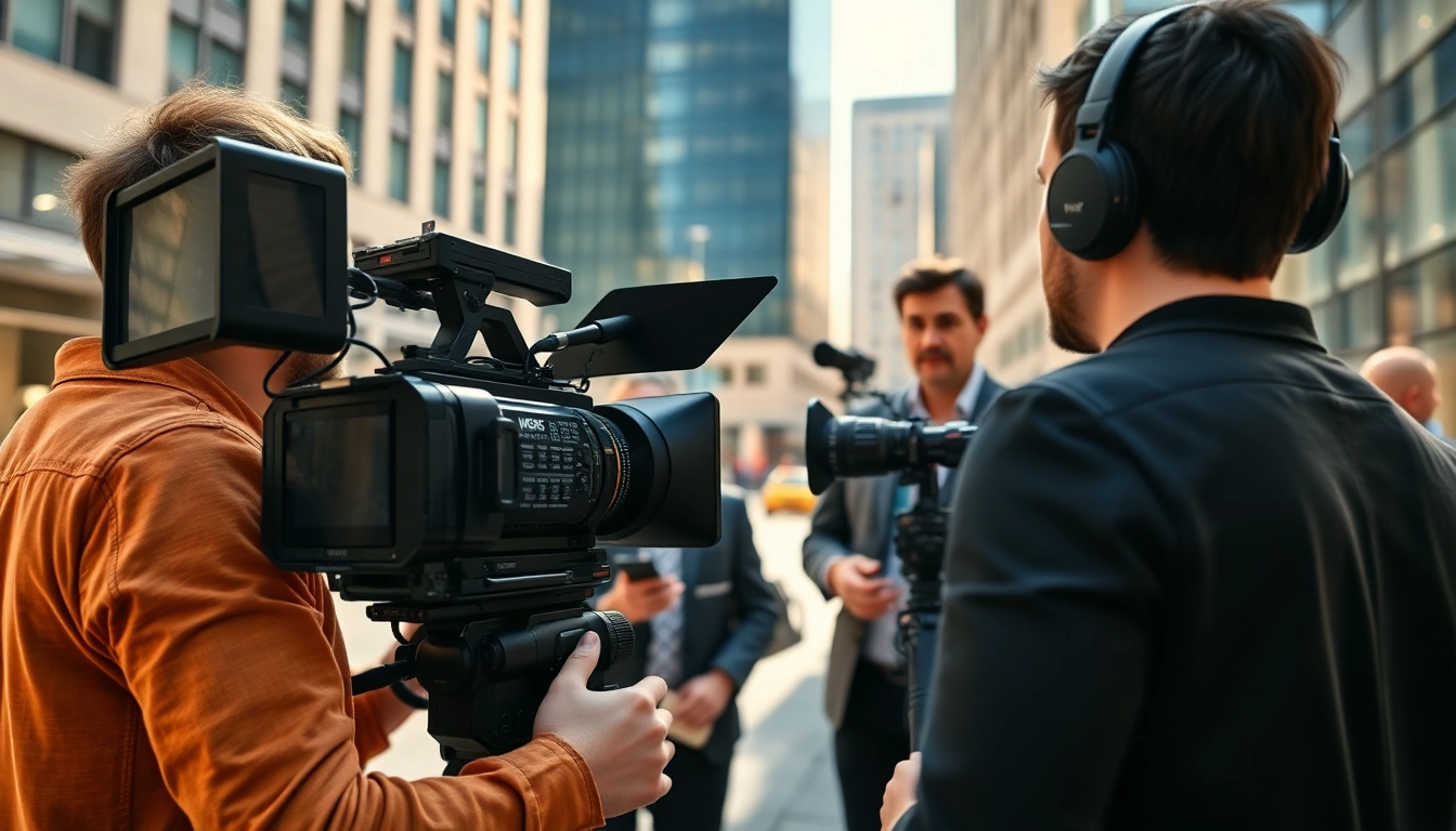 Engaging video production scene showcasing a professional crew at work in an urban environment.