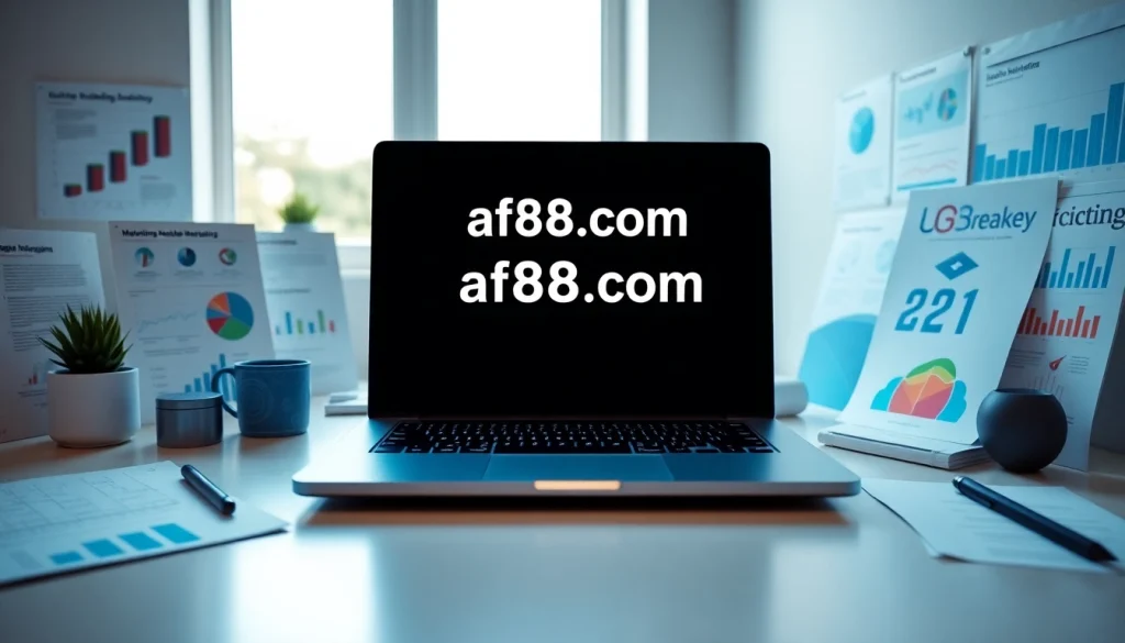 Engaging marketing workspace with af88.com on a laptop screen and creative materials.