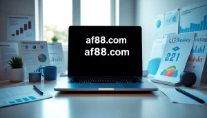 Engaging marketing workspace with af88.com on a laptop screen and creative materials.