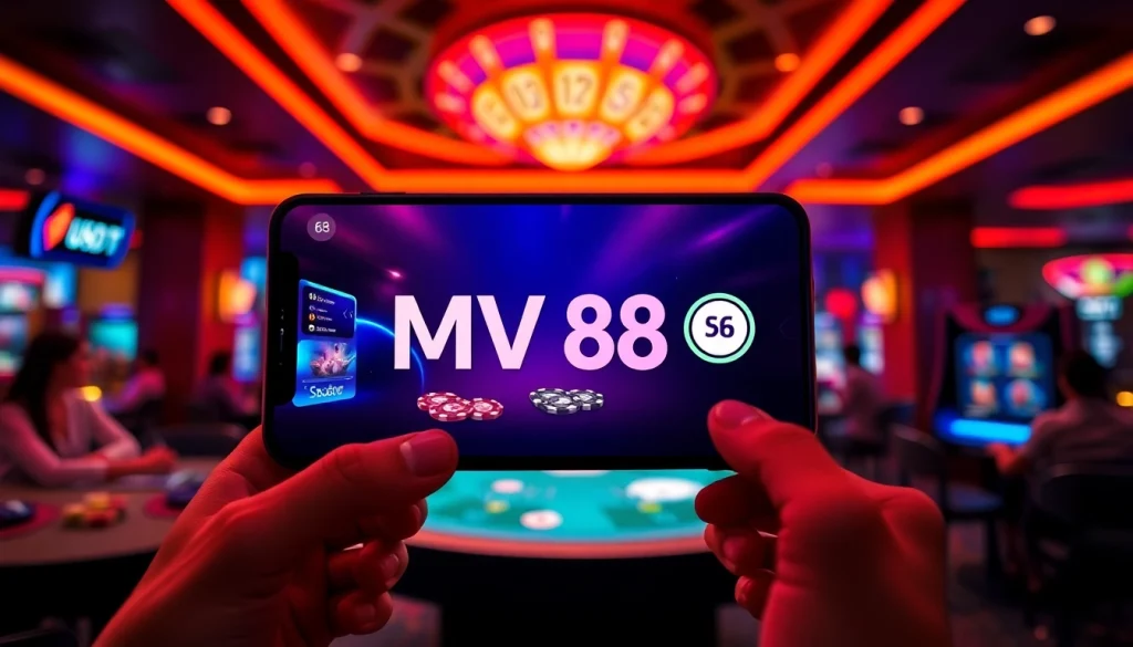 MV 88 smartphone app displayed in a modern digital casino environment.