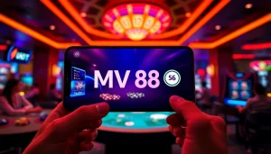 MV 88 smartphone app displayed in a modern digital casino environment.