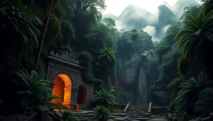 Discover the magnificent entrance of King Solomon's Mine, set amidst a rich jungle landscape.