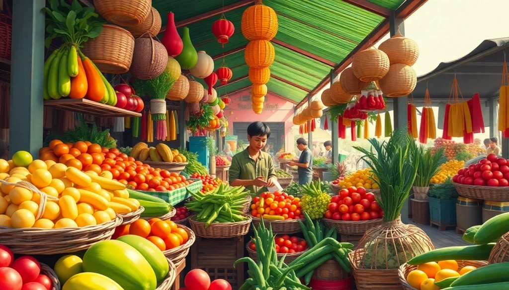 Menampilkan keramaian pasar tradisional dengan jentoto yang diperdagangkan, penuh warna dan kehidupan.