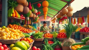 Menampilkan keramaian pasar tradisional dengan jentoto yang diperdagangkan, penuh warna dan kehidupan.