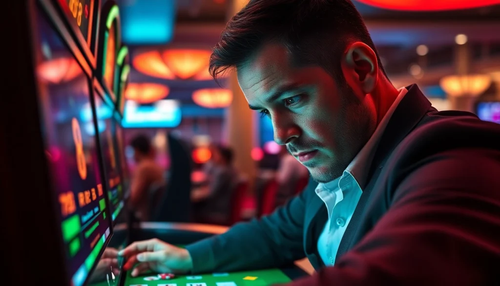 Engaging scene of a gambler focusing on the RR 88 gaming interface in a modern casino.