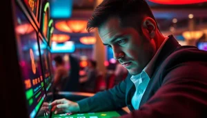 Engaging scene of a gambler focusing on the RR 88 gaming interface in a modern casino.