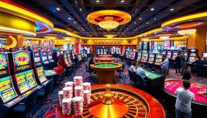 Experience the vibrant gambling world of KJC AC 1 with players enjoying casino tables and slot machines.