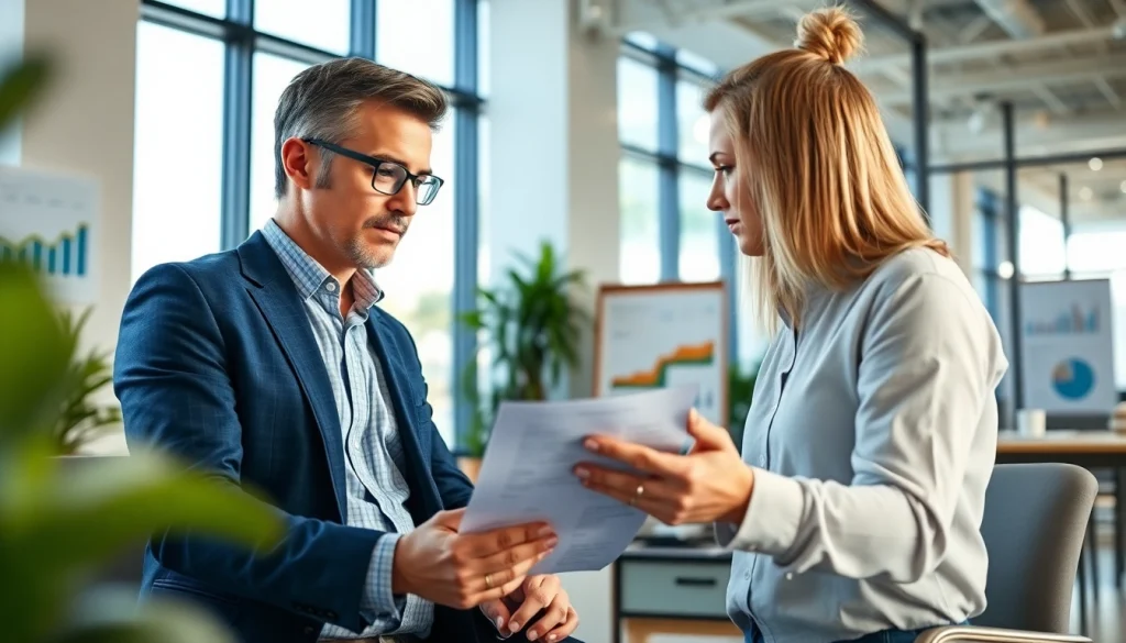 Berater analysiert www.zukunftkapital.de in einem modernen Büro mit Finanzunterlagen.