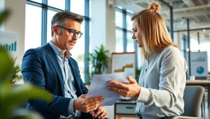 Berater analysiert www.zukunftkapital.de in einem modernen Büro mit Finanzunterlagen.