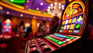 Menang besar dengan kaisar800 slot yang bersinar di mesin slot dengan suasana kasino.