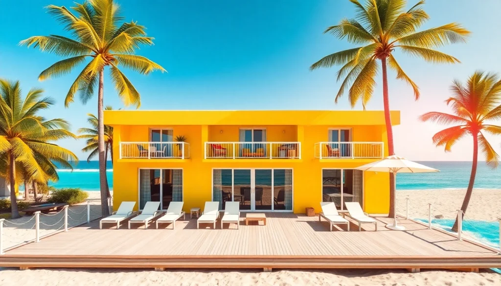 Experience the vibrant coastal cabana with palm trees, bright colors, and a sunny beach setting.