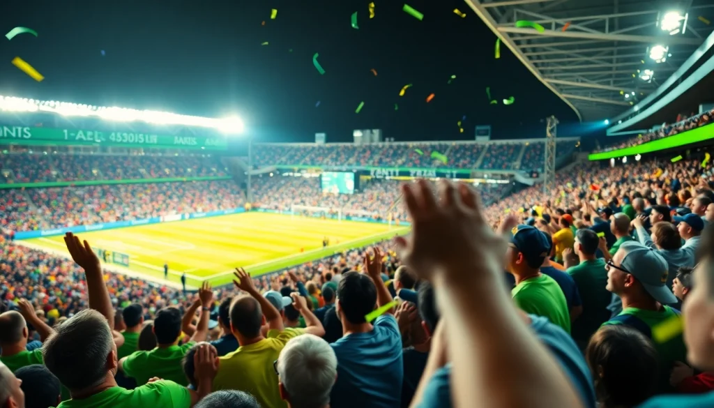 스포츠중계를 즐기는 팬들이 가득 찬 경기장에서 생생한 장면을 담은 이미지