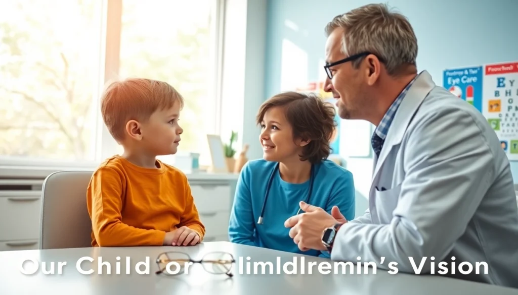 Promote Our Children's Vision through engaging eye care consultation featuring a doctor and child.