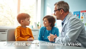 Promote Our Children's Vision through engaging eye care consultation featuring a doctor and child.