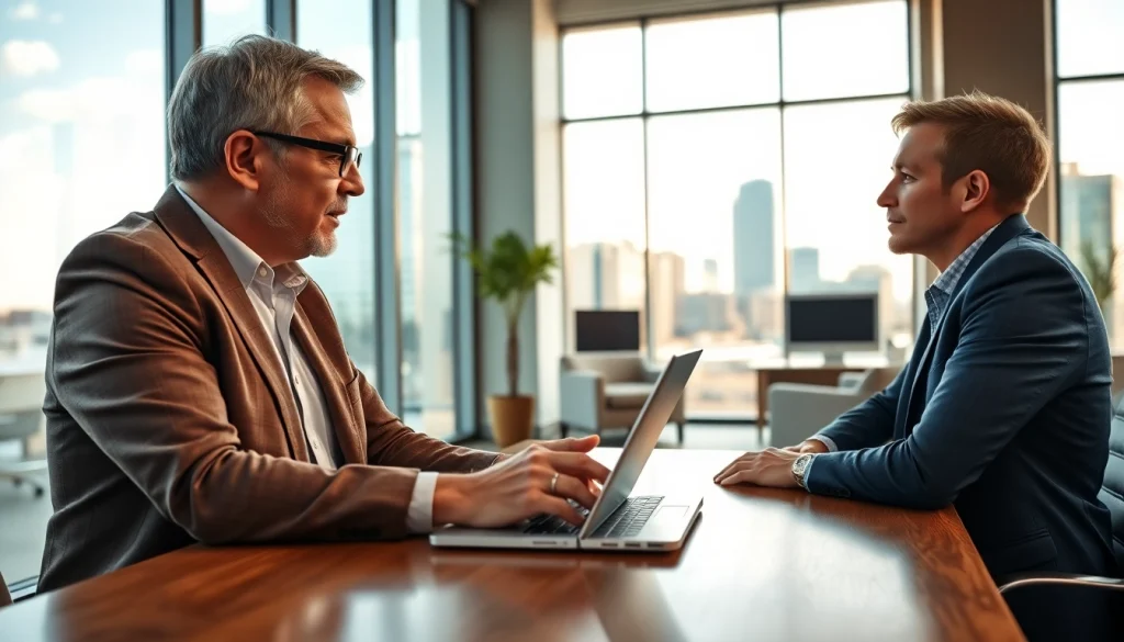 Engaging financial advisor San Antonio consulting with a client in a modern office setting.