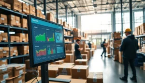 Employees utilizing order processing software in a vibrant logistics center with automated tracking systems.